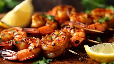 Premium Ai Image Skewers Grilled Shrimp Grilled Seafood On Skewers With Spices Herbs And Lemon