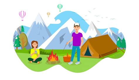 Acampamento de verão na ilustração do vetor das montanhas Vetor Premium