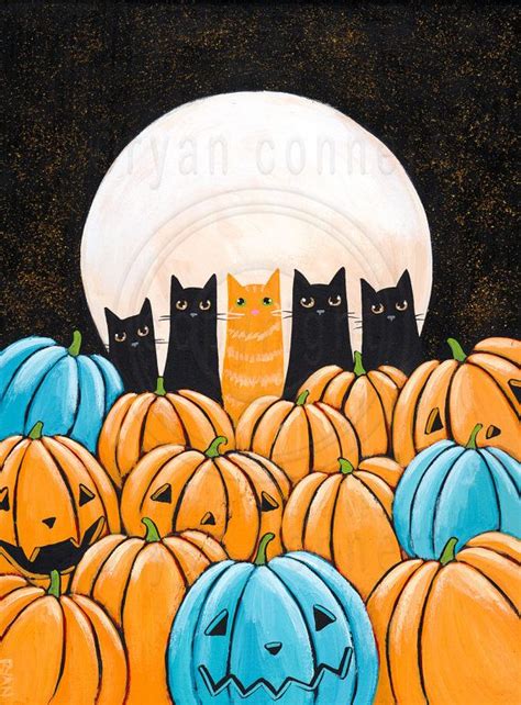 Cats In The Pumpkin Patch Halloween Original Cat By Kilkennycatart