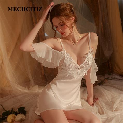 Mechcitiz Summer Nightgown Women Night Dress Summer Satin Lingerie Silk Pajamas Lace Sexy