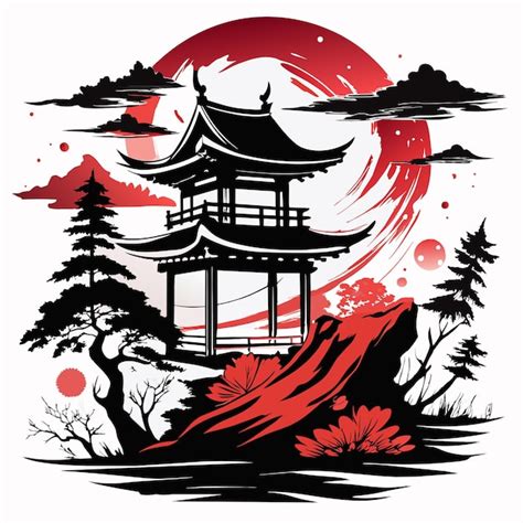 Un dibujo negro y rojo de una pagoda con árboles y una luna roja