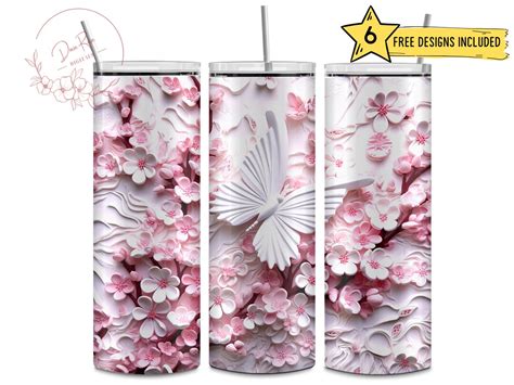 3d White Butterfly White Pink Flowers Floral Cherry Blossoms 20 Oz