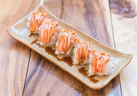 Salmon Burned Maki With Teriyaki Sauce Japanese Food 3148823 Stock