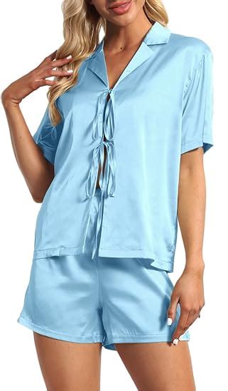 Chyrii Womens Silk Satin Pajamas Sets Tie Front Short Sleeve Tops And