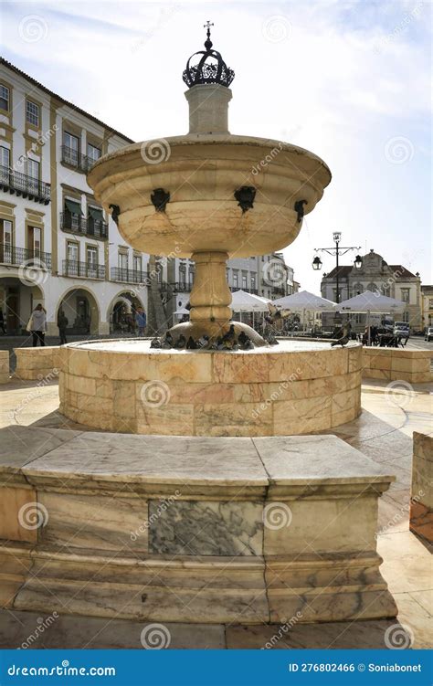 Beautiful Fountain In The Main Square Of Evora Town Editorial Photo