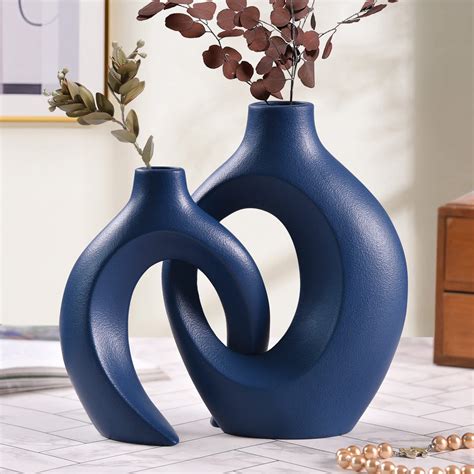 Blue Ceramic Vase for Modern Home Decor, Matte Snuggle Hollow Flower Vase for Pampas Grass,Boho ...