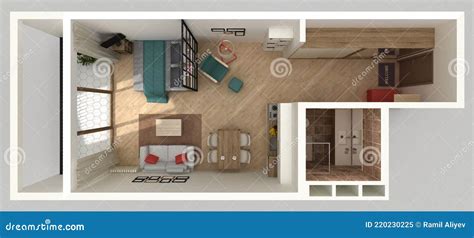 Compact Apartment Interior Top View 3D Render Stock Illustration