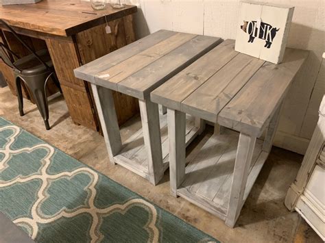 Farmhouse End Tables Set With Shelve Distressed White Base With Gray