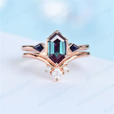 Hexagon Shaped Alexandrite Engagement Ring Set Kite Blue Sandstone Ring