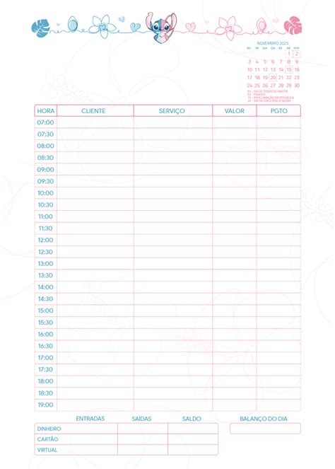 Pagina Agenda Clientes Novembro Planner Stitch E Angel Fazendo A