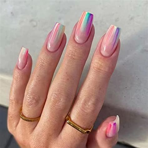 Amazon Long Coffin Rainbow Ombre Glossy Press On Nails 24 Pcs