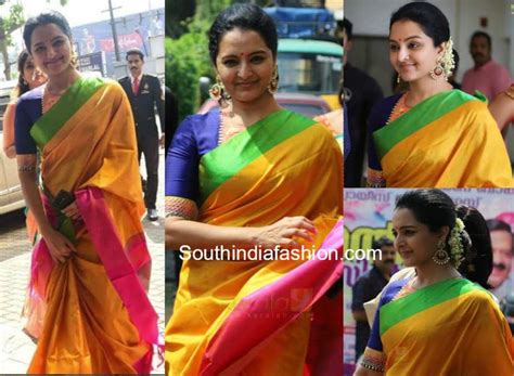 Manju Warrier in a Pattu saree at Bhavana and Naveen Wedding