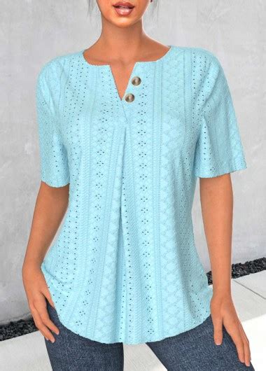 Light Blue Jacquard Short Sleeve Split Neck Blouse Modlily USD