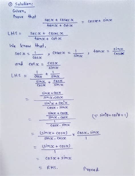 Solved Prove That Sec X Csc X Tan X Cot X Cos X Sin X Prove