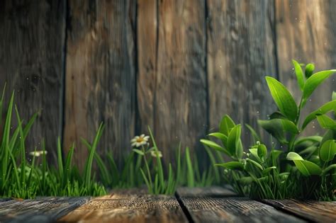 Premium Photo Fresh Spring Green Grass And Leaf Plant Over Wood Fence