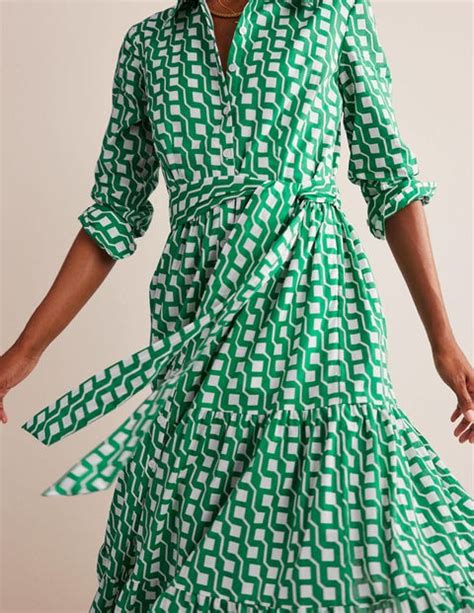 Tiered Cotton Maxi Shirt Dress Bright Emerald Cube Geo Boden Uk