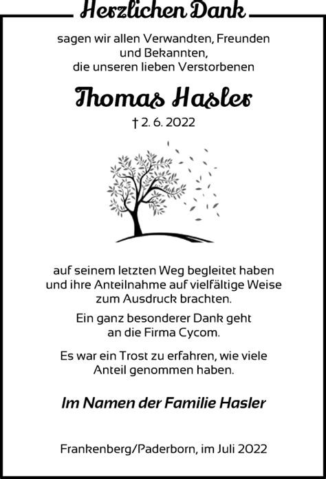 Traueranzeigen Von Thomas Hasler Trauer Hna De