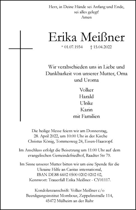 Traueranzeigen Von Erika Mei Ner Trauer In Nrw De