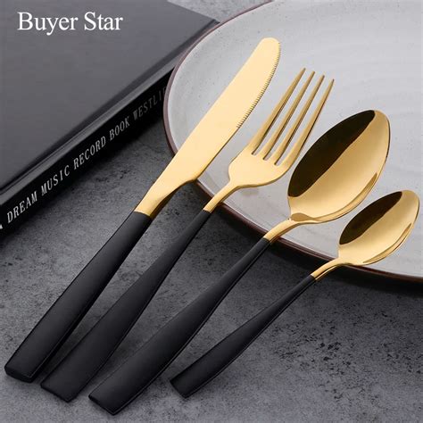 24Pcs Black Gold Flatware Set Stainless Steel Cutlery Set Knife Fork