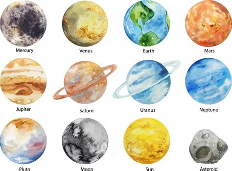 Watercolor Solar System Planets On White Background Sun Mercury