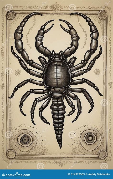 Scorpio Zodiac Sign Card In Style Of An Old Engraving Stock