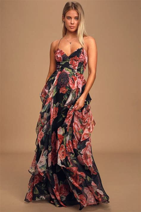 Lulus Rooted In Romance Black Floral Print Ruffled Maxi Dress Maxi