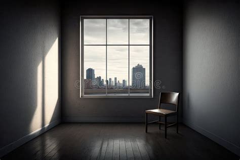 Empty Room With View Of Busy Cityscape Featuring A Window And Chair