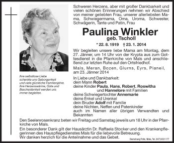 Traueranzeigen Von Paulina Winkler Trauer Bz