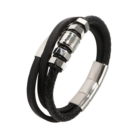 Bracelet Homme Multi Rangs Cuir Noir Et Acier Ref