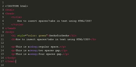 How To Insert Spaces Tabs In Text Using Html Css Geeksforgeeks