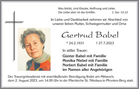 Traueranzeigen Von Gertrud Babel Augsburger Allgemeine Zeitung