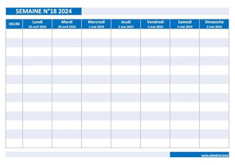 Semaine 18 2024 dates calendrier et planning hebdomadaire à imprimer