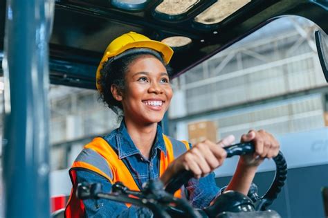 Premium Photo Women Labor Worker At Forklift Driver Happy Smile Enjoy