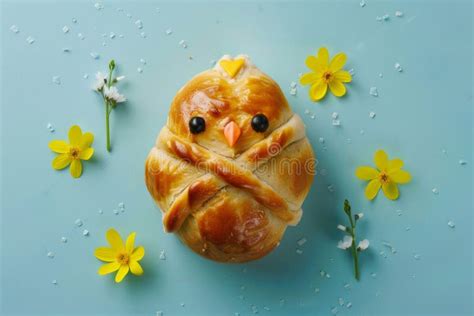 Overhead View Of An Easter Chick Made From Hot Cross Buns Stock Image