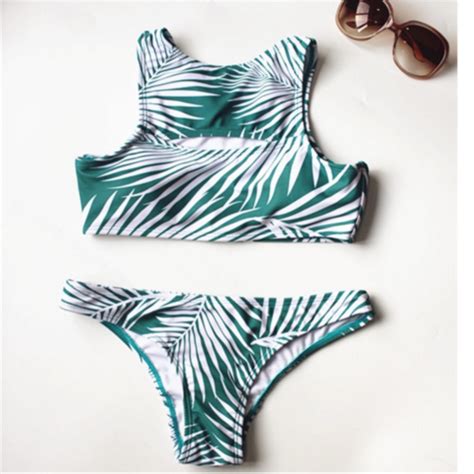 White Green Feather Leaf Print Vest Type Chest And Back Holes Two Piece Bikini On Luulla