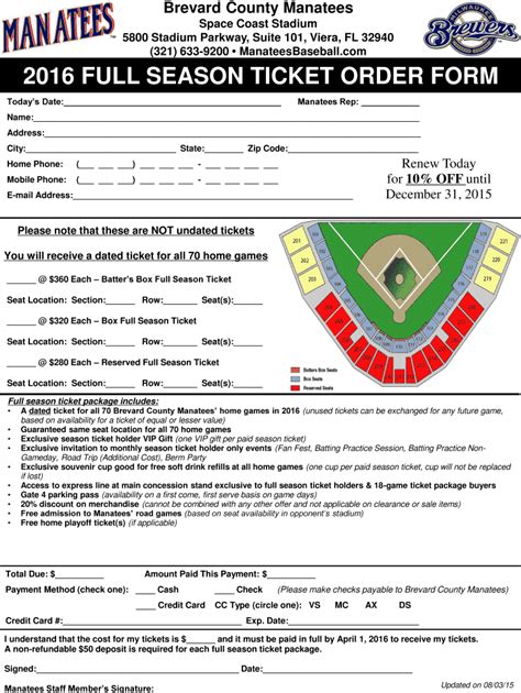 Fillable Online Brevard County Manatees Space Coast Stadium 5800 Fax