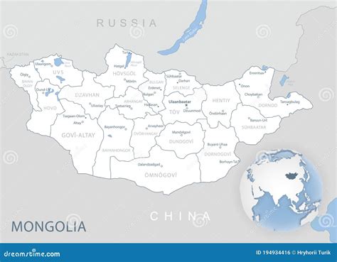 Blue Gray Detailed Map Of Mongolia Administrative Divisions And