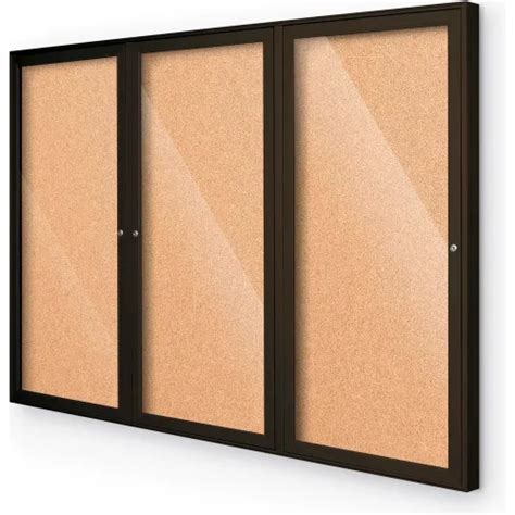 Balt® Outdoor Enclosed Bulletin Board Cabinet 3 Door 72 W X 36 H Coffee Trim Natural Cork