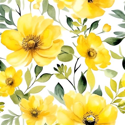 Premium Ai Image Floral Dreamy Watercolor Pattern Dominantly Yellow