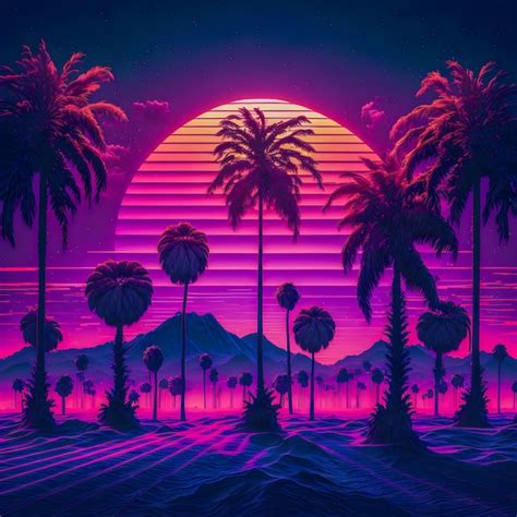 Premium Photo Synthwave Sunset Landscape With Palm Trees Retro Wave Illustration