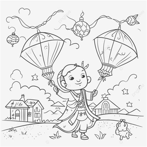 Girl Coloring Page With Lanterns Flying Outline Sketch Drawing Vector