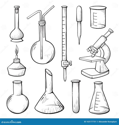 Laboratory Equipment Hand Drawn Vector Illustrations Set Stock Vector