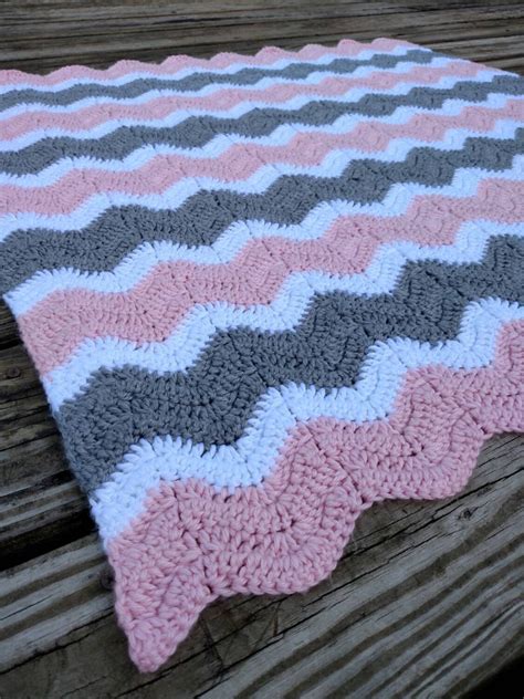 Pink And Gray Crochet Chevron Baby Blanket Hand Made Ripple