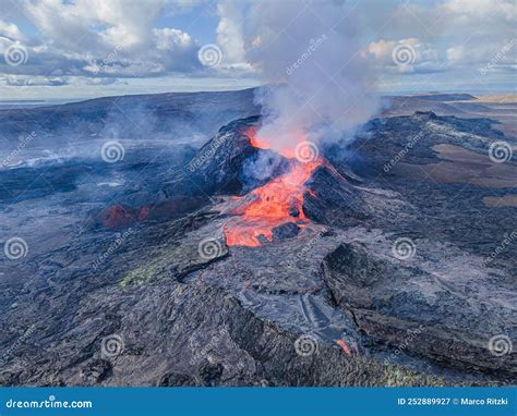 Volcano on Iceland with Eruption and Liquid Lava Flow Stock Image ...