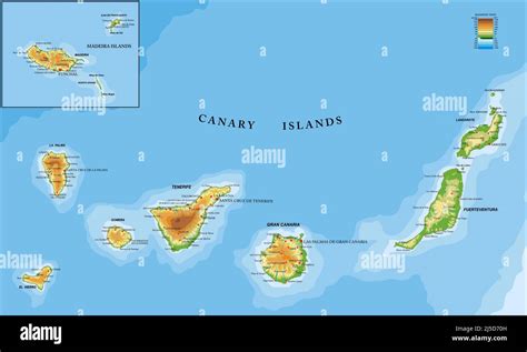 Mapa físico muy detallado de las islas Canarias y Madeira en formato