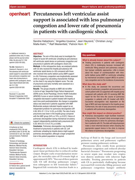 Pdf Percutaneous Left Ventricular Assist Support Is Associated With Less Pulmonary Congestion