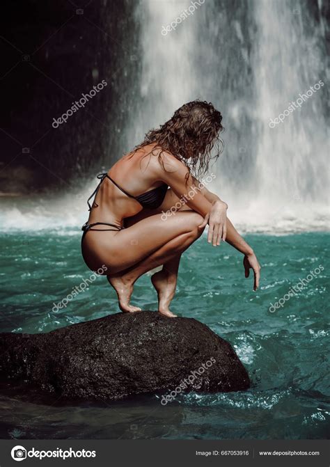 Sexy Woman Bikini Waterfall Traveler Girl Posing Powerfull Waterfall Stock Photo Keola