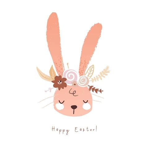 Happy Easter Bunny Face With Flowers Hand Drawn Illustration With Rabbit Head In Cartoon Style