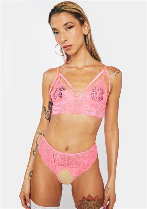 Strappy Lace Triangle Bralette And Lace Up Crotchless Panty Set Pink Dolls Kill