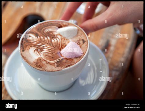 A Perfectly Made Hot Chocolate With Marshmallows On A Rustic Cafe Table Stock Photo Alamy